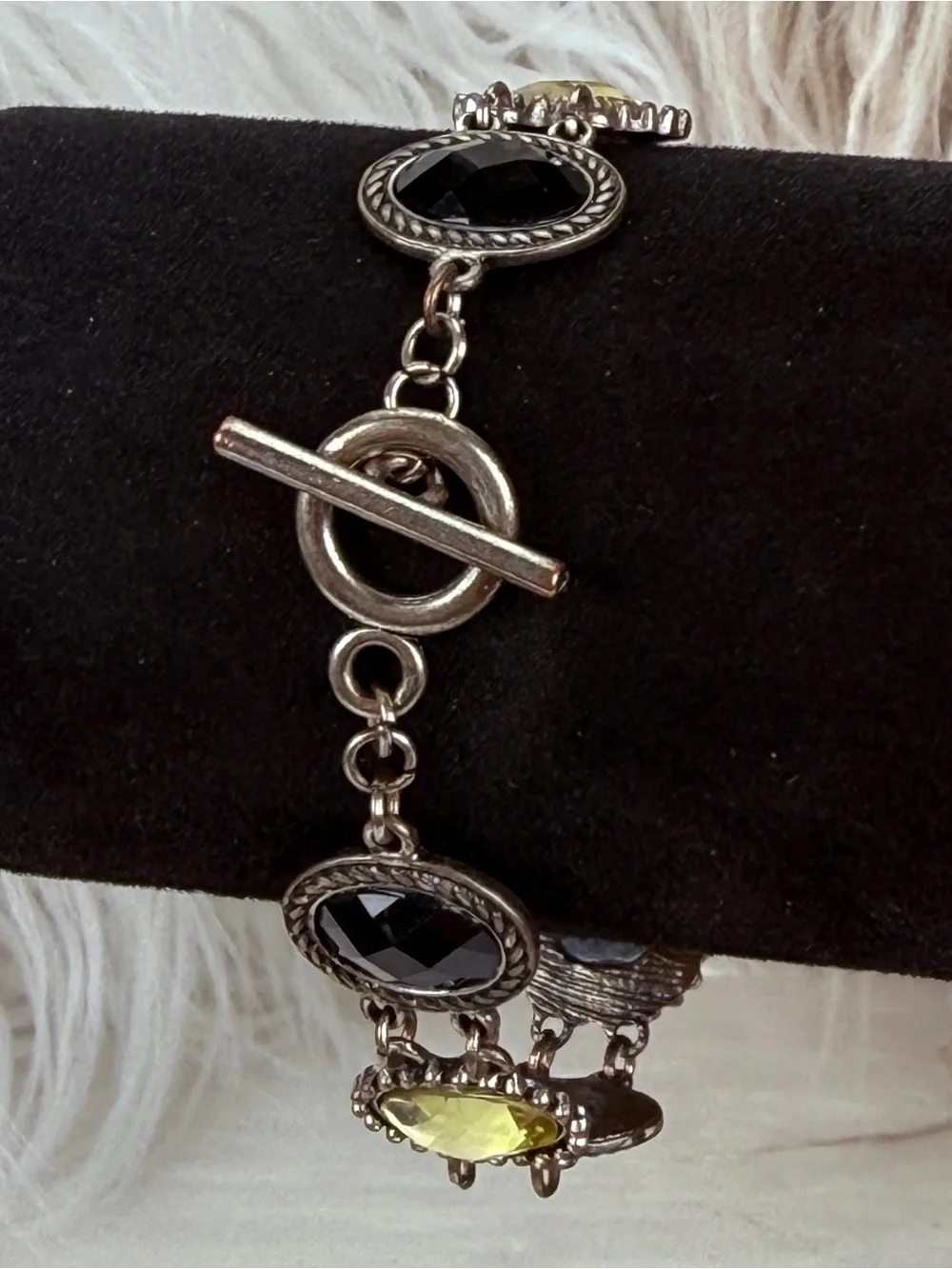 Vintage aged Silvertone Yellow Black Bling Accents Link Toggle Closure Bracelet